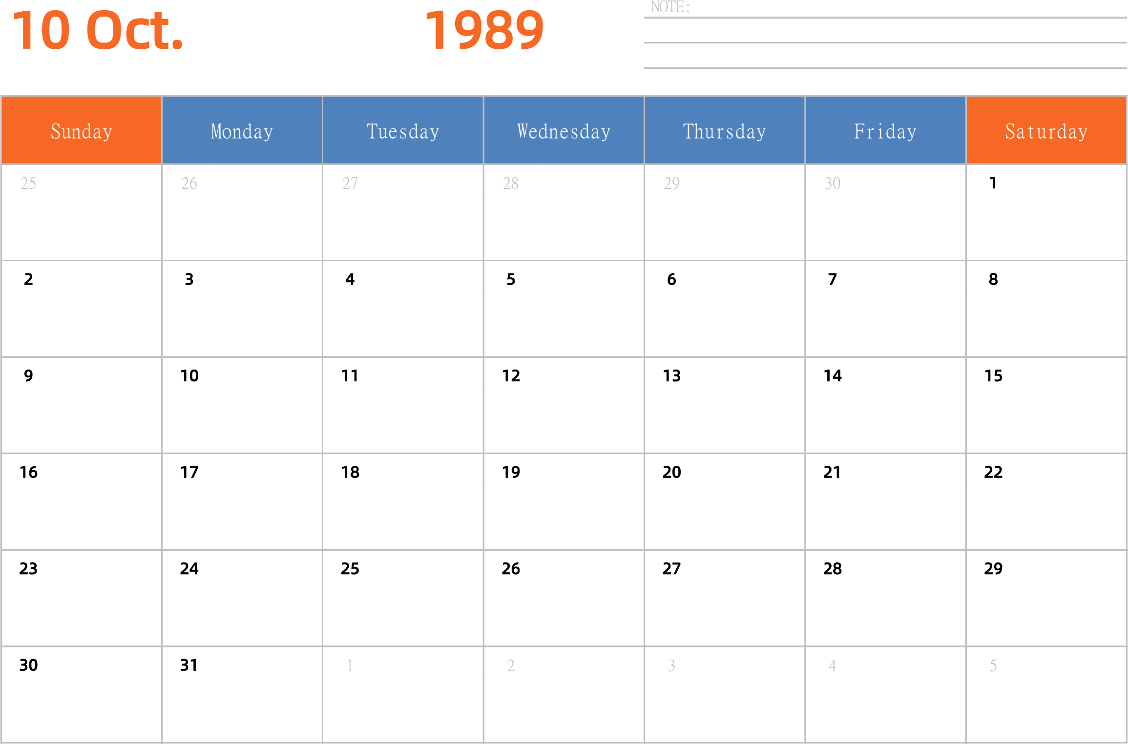 日历表1989年日历 英文版 横向排版 周日开始